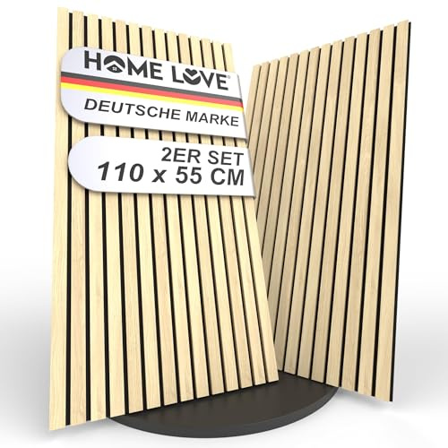 HOME LOVE Akustikpaneele Holz 2er Set 110x55 cm – Eiche Hell mit schwarzem Filz | Wandpaneele Holzoptik 3D | Akustik Paneele Eiche Hell | Holzpaneele Wand | Wandverkleidung Innen