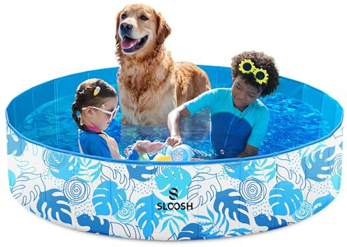 SLOOSH Foldable Dog Kiddie Pool - Portable Hard Plastic Kids Baby Doggie Swimming Pool, Anti-Slip Thick PVC Collapsible Pets Cats Whelping Box Puppy Bathtub (63 x 12)