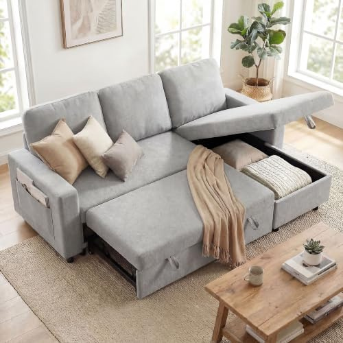 HOMCOM Sofa Bed with Storage Convertible L Shaped Couch Light Grey