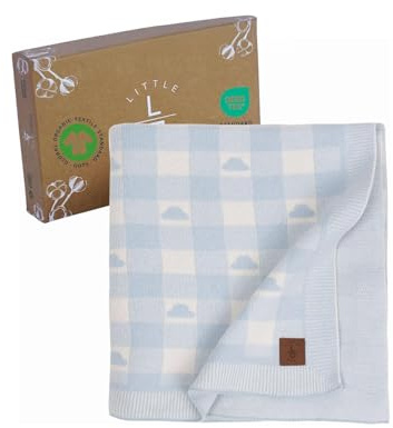 Little Dedi Baby Strickdecke, GOTS-Zertifiziert 100% Bio-Baumwolle mit Wolkenmuster, 80x100 cm. Blau/Beige, weich & leicht, ideal zum Pucken und Kuscheln im Geschenkbox