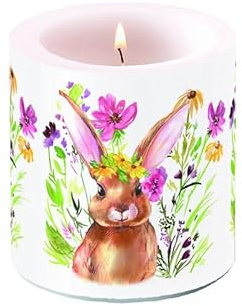 Ambiente Kerze Stumpenkerze Wachswindlicht 9 cm hoch Paraffinwachs 35h Brenndauer Osterndame Ostern Bunny Tischdekoration Serie Girl Bunny