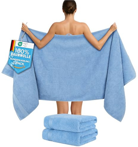 Hammetex Bastuhanddukar 80 x 200 cm, uppsättning om 2 – extra stora duschhanddukar – 100 % bomull frotté – Oeko-TEX certifierad – mjuk, absorberande – med hängare, ljusblå