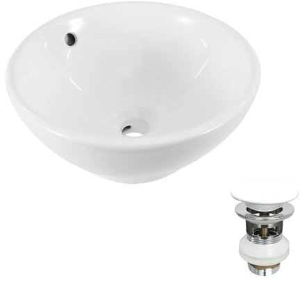 NUESTRA VIDA Lavabo Rond en Céramique avec Trop-Plein, Vasque à Poser en Porcelaine Blanc, Lavabo Salle de Bain 41 x 41 x 18 cm, Lave-Mains Comptoir Élégant avec Bonde de Lavabo Pop-up