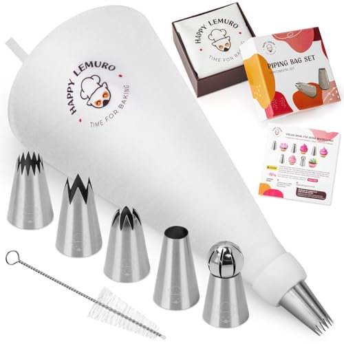 Sac à poche con beccucci – 5 beccucci extra grandi con sac à poche in cotone – sac à poche per decorare torte, cupcake, pasticcini | siringa per torte | utensili da forno