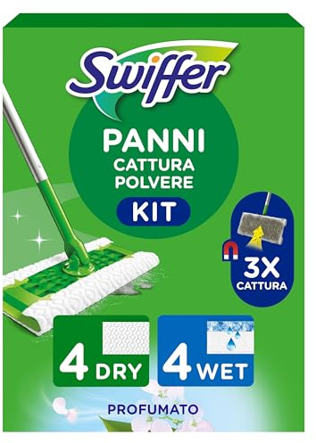 Swiffer Starter Kit Catturapolvere E Lavapavimenti Per La Pulizia Di Pavimenti In Legno E Altri Materiali, Include: 1 Scopa, 4 Panni Catturapolvere, 4 Panni Lavapavimenti