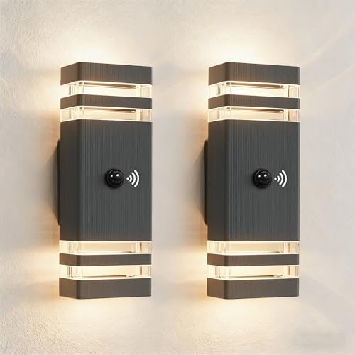 JNR Außenlampe mit Bewegungsmelder, GU10 LED Aussenlampe, Anthrazit 2 Pack | Außenleuchte mit PIR Bewegungsmelder, IP54 Wasserdichte 230V Aluminium Aussenlampe, 2x5W GU10 3000K LED Glühbirne