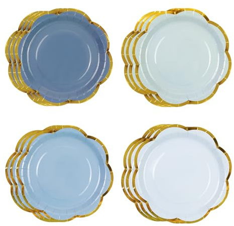 HiEnjoin Lot de 48 assiettes à dessert bleu dégradé bleu pour fête, film doré, jetable pour enfants, douche, anniversaire, mariage, fête