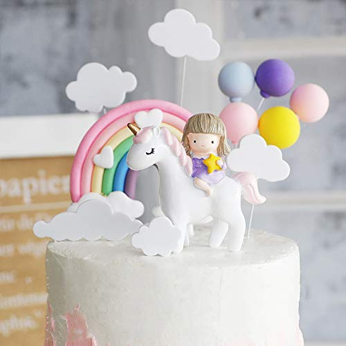 JONWIDR Unicorn Cake Topper Set Unicorn Girl Princess Cake Decoration Set Handmade Happy Birthday Cake Topper Include Rainbow Cloud Balloon Shape