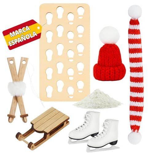 Wichtel Zubehör Schlitten, 7-Teiliges Wichtelkleidung Set | mit Wichtelschlitten Schnee Schlittschuhen Schal Mütze Fußabdruckschablone und Skiern, Miniatur Wichteltür Deko Weihnachten