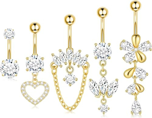 VELORICHE Dangle Belly Button Bars Belly Piercing Jewelry for Women Surgical Stainless Steel Dangly Belly Bars (gold)