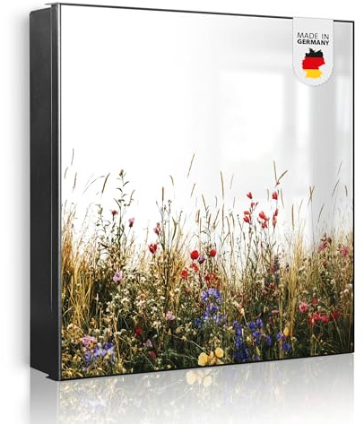 banjado Großer Schlüsselkasten Metall - Schlüsselbox 30x30cm beschreibbarer mit 32 Haken - Schlüsselkasten modern für Schlüsselaufbewahrung - Korpus Schwarz Scharnier Links - Motiv Sommerliche Blumenw