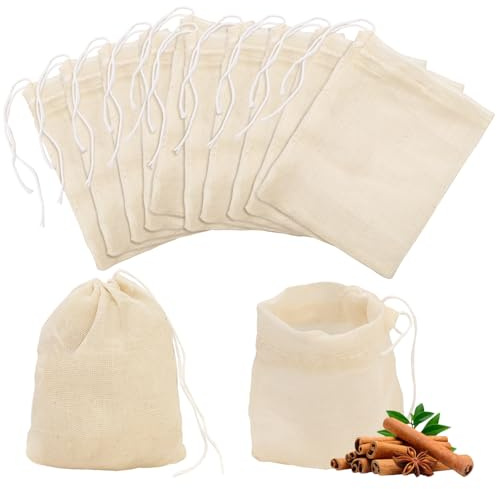 60 Pack Muslin Bags, 10x8cm Small Drawstring Bags - Empty Tea Bags & Spice Bags for Cooking, Reusable Cotton Filter Bags for Coffee, Herbal Tea, Storage