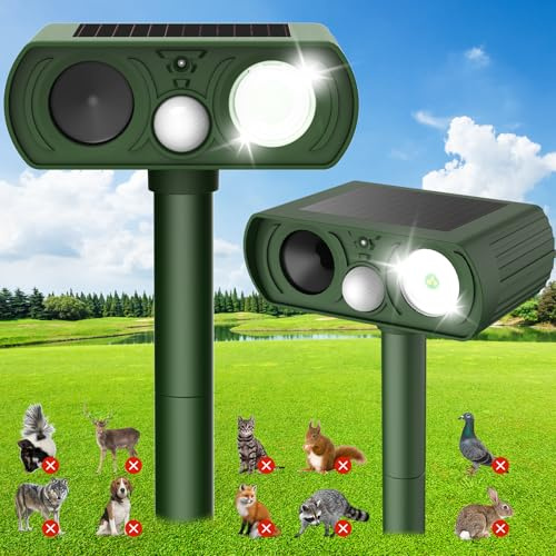 Solar Ultrasonic Animal Repellent, Deer Repellent Devices Waterproof, Cat Repellent Outdoor with Motion Detection Squirrel Skunk Rabbit Dog Raccoon Deterrents Animal Repeller for Yard, 2 Pack