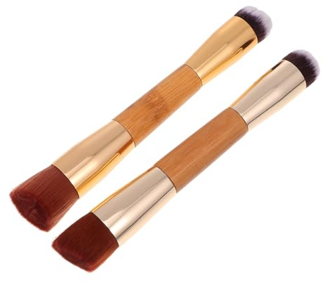 Garneck Brochas de Maquillaje Dobles de Bambú y Nylon Color Dorado, Pinceles para Base y Polvo, Set de 2 Piezas para Mujeres, Adecuado para Difuminar y Fijar Maquillaje
