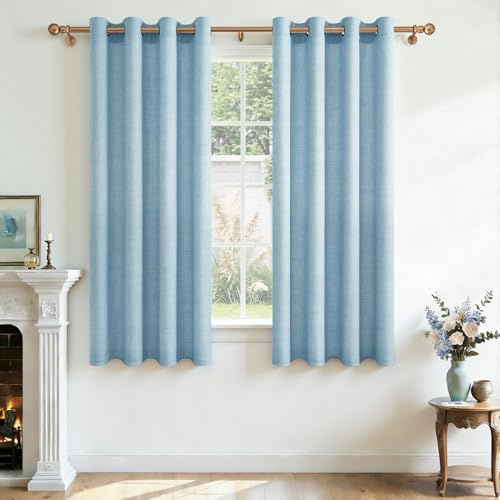 CUTEWIND Gardinen Leinenoptik mit Ösen Kurz Blau Voile Gardinen Küche Fenster Vorhänge Leinen Halbtransparent für Wohnzimmer Schlafzimmer Modern Ösenvorhang 2er Set H 145 x B 140 cm