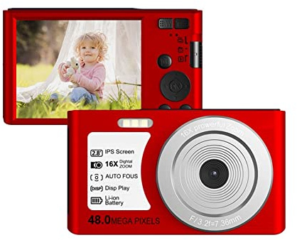 Digital Camera, Small Digital Camera 4K 2.8 IPS Screen 16X Zoom Auto Focus Face Detection Self-Timer Vlog Camera 48MP For Kids AF Photography(128G TF Card,Rosso)