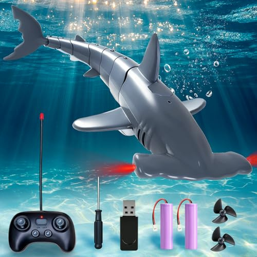 Beeoecm Ferngesteuerter Hai Tauchfähig, 2.4GHz RC Hai mit LED-Licht Wasserdicht Unterwasser Hai Spielzeug für Lakes, Bathtubs, Pools Elektrische Simulation (Grau)