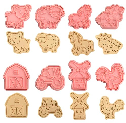 8 Pcs Farm Animal Cookie Cutters Set, 3D Plastic Biscuit Stamps | and Sandwich Cutters, Cute Baking Moulds for DIY Fondant, Pastry, Dough and Animal Biscuits