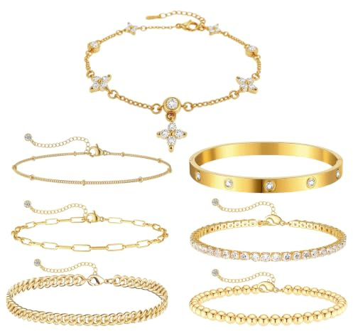 ZXTGBQ 7PCS Armband Damen Gold Vergoldet Geburtstag Kleeblatt ArmbäNder Damen Mit Cubic Zirkonia Verstellbare Armband Goldenes Ketten Handkette Geschenk Schmuck FüR Frauen Freundin MäDchen