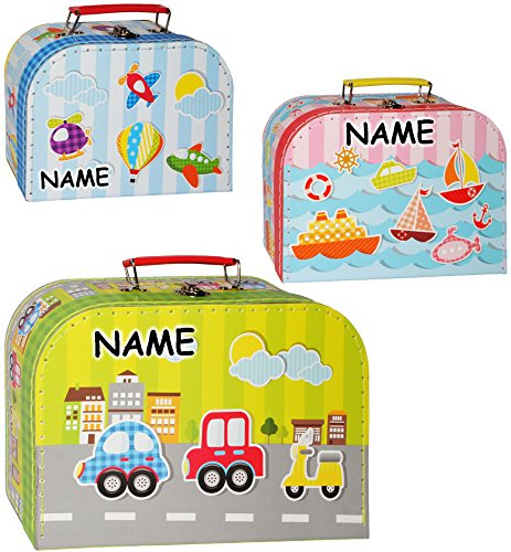 alles-meine.de GmbH 3 TLG. Set Kinderkoffer/Koffer - MITTEL - Fahrzeuge - Flugzeug/Schiff/Auto - incl. Name - ideal als Geldgeschenk und für Spielzeug - Mädchen & Jun..