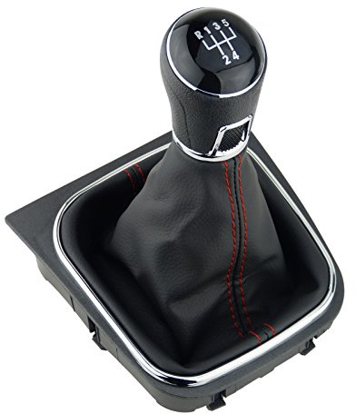 Schaltsack & Schaltknauf für VW Golf 5 V 6 VI - 5 Gang Knauf mit Rahmen - Schwarz Rot Chrom - Schaltmanschette Schalthebel Manschette für Schaltung - Hebel Schaltgetriebe & EOS für Scirocco 3 - A256-7