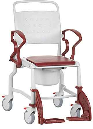 FabaCare Toilettenrollstuhl Bonn, made in Germany, Premium Toilettenstuhl, WC Rollstuhl, fahrbar, mit Eimer, bis 130 kg, Grau-Rubinrot