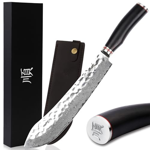 YOUSUNLONG Coltello da macellaio Coltello da cuoco 254mm Damasco giapponese Coltello da bistecca con manico in legno Ebano naturale Manico in legno con fodero in pelle