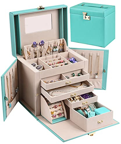 SANSREPONSE Jewelry Box Luxurious Accessory Case Storage Organizer Faux-Leather with Lock Handle Mirror Earrings Necklace Ring Rests Gift for Women
