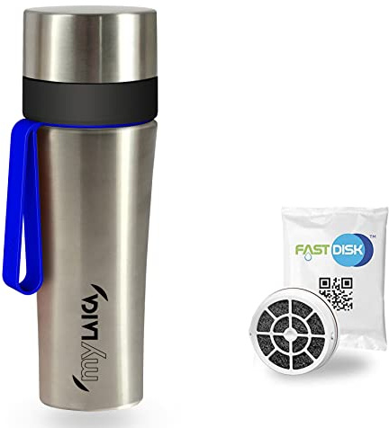 Laica MyLaica Bouteille personnelle de sport, 0,5 L, acier inoxydable, filtrant, chromé/bleu