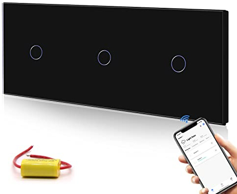 BSEED Smart Lichtschalter 1 Fach 1 Weg Dreifach WIFI Smart Lichtschalter Kompatibel mit Alexa,Google Home, Glas Touchscreen-schalter Schwarz 228mm (kein Neutralleiter benötigt)