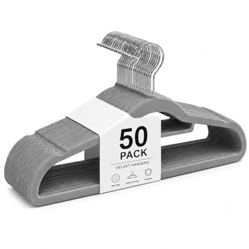1ABOVE Premium Quality 50 pack Non-Slip Velvet Hangers (44cm) Heavy Duty Velvet Suit Hangers with Tie Bar, 360° Swivel Hooks – Space saving, sturdy to hold Jacket, Jumper & Pullover(Set of 50-GREY)