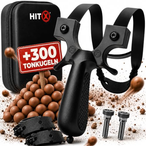 HITX® Profi Steinschleuder mit Super Grip Griff - Zwille für Erwachsene | Slingshot Schleuder Set mit 2 Gummibänder & 300 Tonkugeln Munition - Sehr robuste Sportschleuder für Einsteiger & Experten