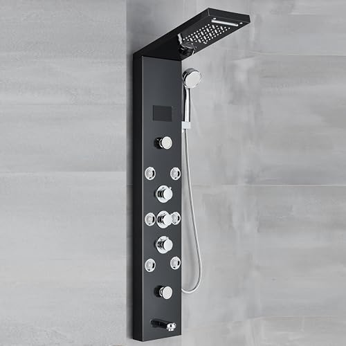 Colonne de douche hydromassage set panneau douche en acier inox 304 avec mitigeur massage, pommeau de douche fixe, douchette et sortie baignoire 4 fonctions, noir