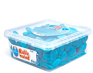 Vidal Golosinas. Rellenolas Corazones Pica Frambuesa. Gominolas en forma de corazón con relleno de gelatina y cobertura ácida. Color azul brillante. Sin gluten ni grasa. Tarro 150 u