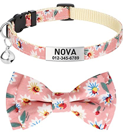TagME Katzen halsbänder mit Namen und Telefonnummer Auf, Kätzchenhalsband mit Sicherheits Verschluss und Glöckchen, Blume Baby Pink