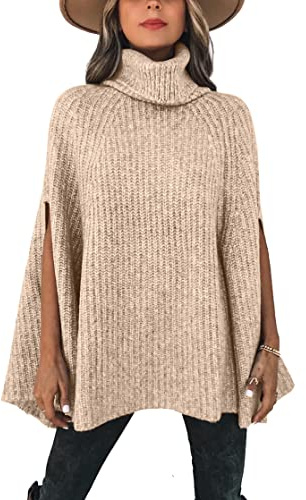 KIRUNDO Women's 2026 Fall Winter Turtleneck Poncho Sweater Fashion Chunky Knit Cape Wrap Sweaters Pullover Jumper Tops(Light Apricot, X-Large)