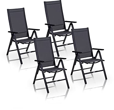KHG Gartenstuhl Hochlehner 4er Set Alu Klappstuhl, 8-Fach verstellbare Rückenlehne mit Armlehne, Anthrazit Grau wetterfest rostfrei, 120 kg belastbar, Balkonstuhl, vormontiert, Kunststoff Gewebe