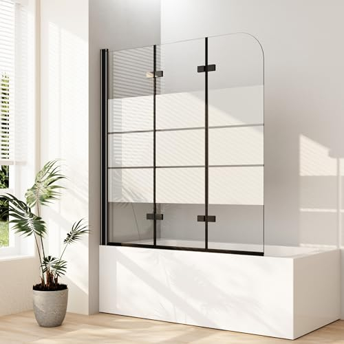Duschwand für Badewanne 3 teilig faltbar 6mm Milchglas Streifen Sicherheitsglas (ESG) Faltwand Badewannenaufsatz Badewannenfaltwand Duschabtrennung für Badewanne (120x140cm, Schwarz)