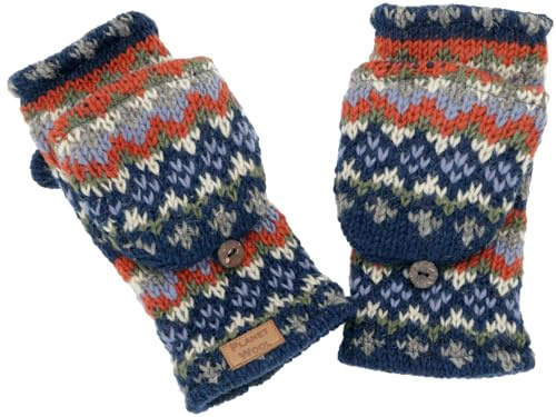 GURU SHOP Handgestrickte Klapphandschuhe Nepal, Wollhandschuhe | Warme Fausthandschuhe, Fleece-Futter, elastisch, fair gehandelt, Länge ca. 28 cm, Breite ca. 11 cm