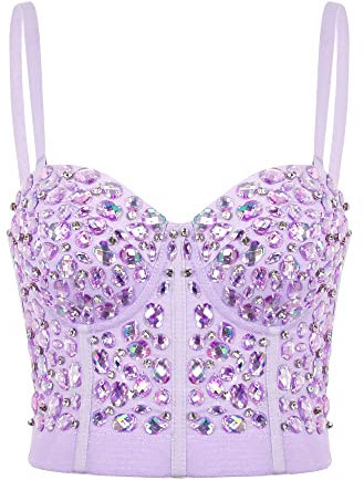Naimo Reggiseno sexy da donna con strass push up crop top corsetto reggiseno glitter cristallo canotta cami gilet party club wear, Lilla, S