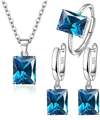 FDEETY Schmuckset für Damen Braut - Strass Halskette Ring Ohrringe Set für Abschlussball, Hochzeit, Party - Brautjungfer Schmuck (Blau)