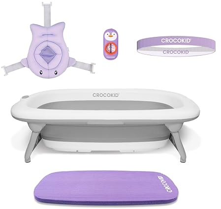 CROCOKID® Kit de bañera plegable para bebé - 0-5 años - Set de baño para recién nacido, Bañera+Accesorios - 51x85x10 cm - Bañera grande para bebé + cojín y alfombrilla, Kit de bañera para bebé