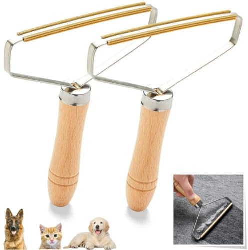 ZKSXOA 2pcs Portable Lint Remover, Double Carpet Scraper Manual Brush Tool Shaver, Manually Lint Roller with Wooden Handle Holder, Carpet Hair Remover Tool