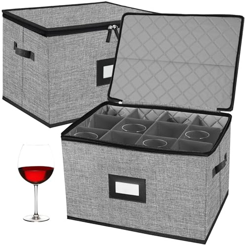 ouruer Paquete de 2 cajas de almacenamiento acolchadas para copas de vino, contenedores de almacenamiento de China con carcasa dura, cajas de mudanza, contenedores de almacenamiento para organizar,