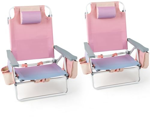 Goplus Beach Chair, 2 Pack Folding Backpack Beach Chairs for Adults with 5 Positions, Head Pillow, Cooler Bag, Towel Bar, Cup Holders, Sunbath Sling Tanning Lounge, Folding Layout Camping Chairs