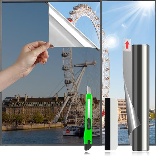 HONLONE One Way Window Film Daytime Privacy Window Tint Anti UV Static Cling Heat Control Reflective Mirror Films for Home Office（Black Silver, 11.8x78.7 inches (30x200cm)）
