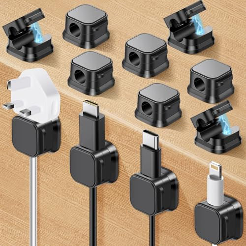 Farerkass 12 Pezzi Clip per Cavi Magnetico, Ferma Cavi Adesivi Organizzatore Regolabile, Fermacavi Adesivi Autoadesivo per Scrivania, Comodino, Cavi di Ricarica, Hdmi, Usb, Cavo Audio, Nero