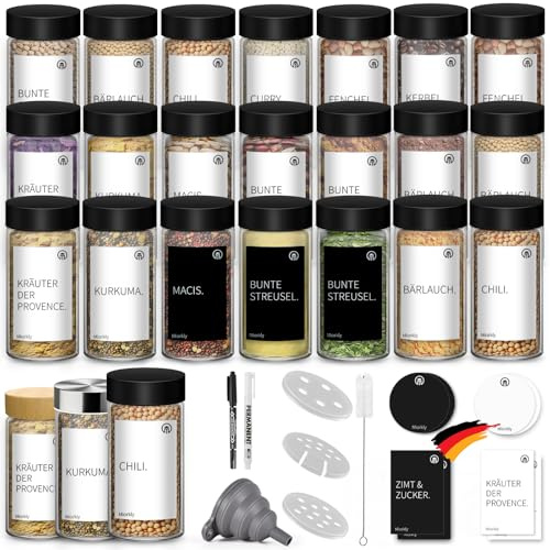 Miorkly 24 Rund Gewürzgläser mit Streueinsatz - Schwarzer Edelstahl Deckel Gewürzdosen-Gewürzstreuer -Gewürzbehälter Spice Jars - Küchen Gewürz Organizer - Trichter, Etiketten & Kreidestift