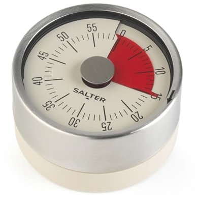 Salter Magnetic Mechanical Timer – Magnetic Base, Attach To Fridges & Ovens, 60- Minute Countdown Markers, No Batteries Needed, Stainless Steel, Perfect for Baking & Cooking, Easy Turn Dial, Soft Grip