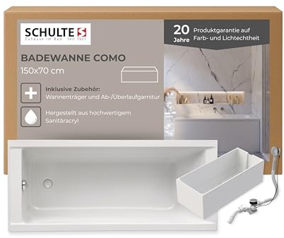 Schulte Badewanne Como 150x70 cm, Komplett inkl. Wannenträger und Ablauf, aus hochwertigem Acryl in Weiß glänzend